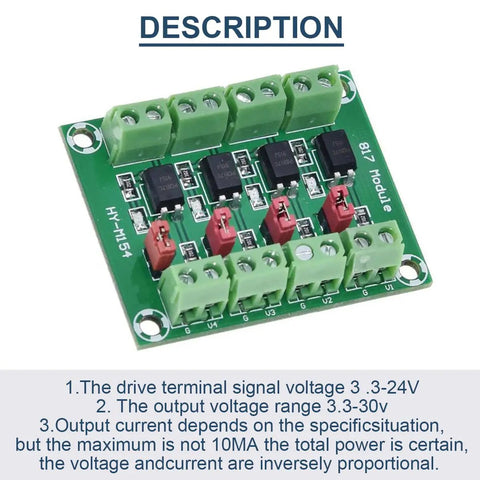 2 Pack PC817 4 Channel Optocoupler Isolation Module For Control Relays Plug And Play 3.6 To 30V Input And 3.3 To 30V Output With 24AWG Wire 10mA Max showing terminal connections and voltage specifications