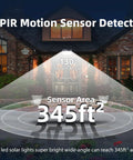 PIR motion sensor detection area of Heavy Duty 120 Led Solar Outdoor Wall Lights With Advanced Motion Sense And Three Smart Modes.