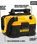 Go-To 20V Max Cordless and Corded Wet Dry Vacuum With 2 Gallon Tank, HEPA Filter, Wide Nozzle, labeled features