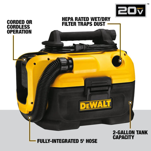 Go-To 20V Max Cordless and Corded Wet Dry Vacuum With 2 Gallon Tank, HEPA Filter, Wide Nozzle, labeled features