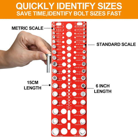 Miucoguier thread checker bolt gauge, front view; red scale board with metric and standard scales, hand holding a bolt.