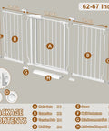 Diagram of Extra Wide Baby Gate For Dogs And Doorways, showing components like main gate, extensions, and hardware, 62-67 inch width.