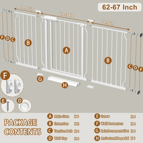 Diagram of Extra Wide Baby Gate For Dogs And Doorways, showing components like main gate, extensions, and hardware, 62-67 inch width.