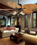 52 Inch Tropical Ceiling Fan With Light And Industrial Cage, Palm Leaf Blades, 5 Lights Remote Control Chandelier Fan in living room