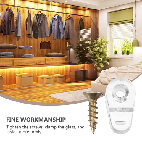 20 Piece Glass Retainer Clips Kit With Solid Screws For Cabinet Doors And Windows Includes Heavy Duty Plastic Holders For Mirrors And Panels Easy No Sweat DIY Installation Rock Solid Grip Pro Gear in a stylish closet setting.