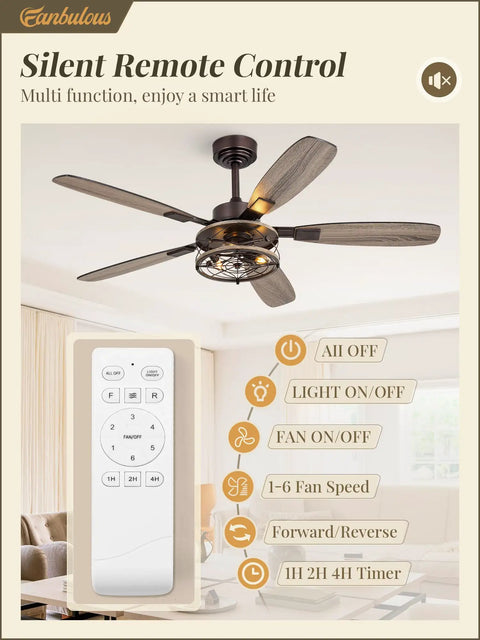 52 Inch Oil Bronze Farmhouse Ceiling Fan With Light And Remote displayed with remote control and features list