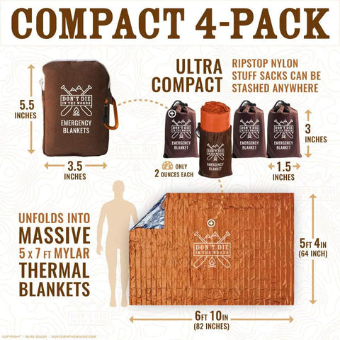 Freakin Huge 4 Pack XL Emergency Blankets Mylar Space Blankets for hiking camping survival kit, shown compact and unfolded.
