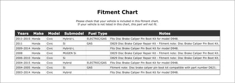 Fitment chart for High Performance Front Disc Brake Caliper Pin Kit Set For Honda Civic 2003 To 2015 Perfect OE Replacement Parts That Keep Your Ride Safe And Stop Smooth Like A Champ Without Breaking The Bank Today, Honda Civic