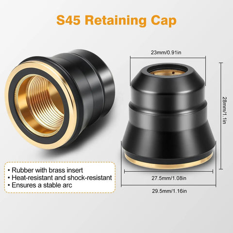 S45 retaining cap from 6 Piece S45 Plasma Cutter Torch Consumables Kit Including Retaining Cap Stand Off and Swirl Ring for S45 Torch Maintenance