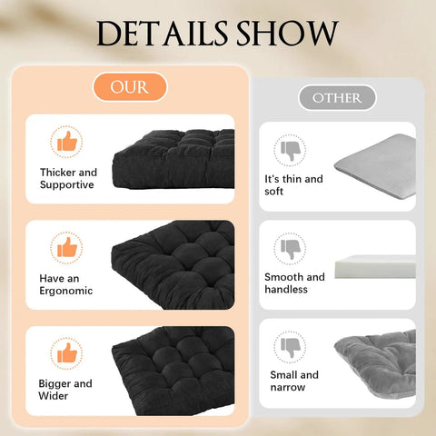 Thickened Floor Cushion For Meditation And Yoga Large 22x22 Inch Square Black Cozy Memory Sponge Pad With Nine Tufted Points To Prevent Deformation Relieves Hip And Leg Pressure Back Support Ideal For Tatami Living Room And Relaxation, black tufted floor cushion