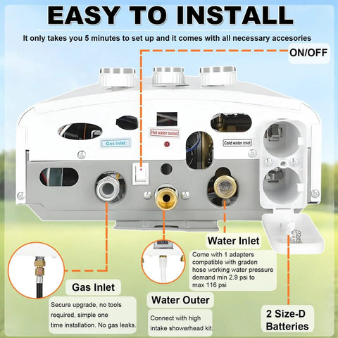 Back view of propane portable instant water heater features gas and water inlets, digital display for easy setup, ideal for camping.