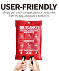Hands pulling fire blanket from red pouch, Fire Blanket For Kitchen And Home 40 By 40 Inches, Fiberglass Emergency Safety Blanket, Flame Retardant.