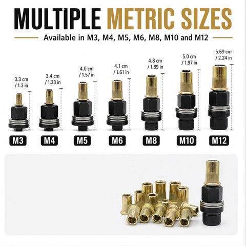 Heavy Duty Carbon Steel Rivet Nut Tool Set With M12 Head And 10 Rivet Nuts Handy Workshop Kit For Metal Assembly Equipment Repair Home Improvement And Pro Style Fastening, M3-M12 heads