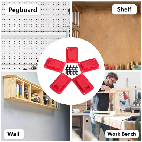Beefy Heavy Duty Tool Holder Mount Kit For Power Tools That Fits Milwaukee M18 And Dewalt 20V 12V Drills, displayed on pegboard, shelf, wall, and workbench setups.