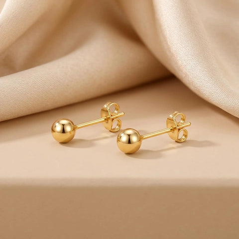 14K Gold Ball Stud Earrings For Women, Everyday Wear Go To Dainty Gold Earrings, Timeless Shine For Any Outfit, Comfortable Hypoallergenic Jewelry, Classic Gold Sparkle, Perfect Gift Idea, 14K gold plated ball studs with butterfly backs