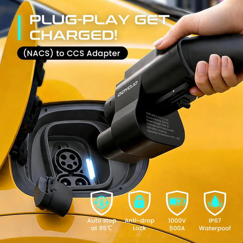 Nacs To Ccs1 Dc Fast Charging Adapter With Heavy Duty Safety Lock For Electric Vehicles, showing plug-in action to EV charging port.