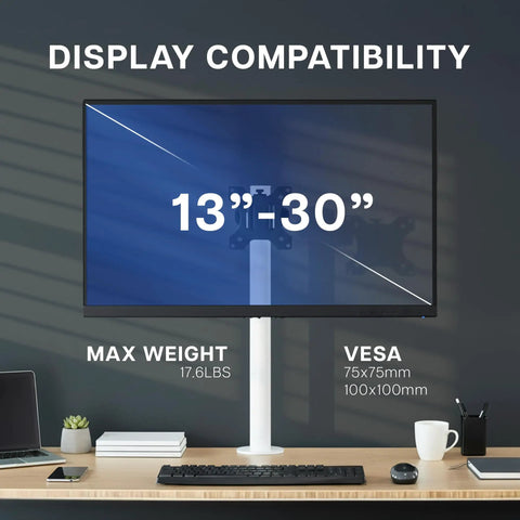 Tough As Nails Steel Monitor Pole Mount With Quick Release Vesa Plates For Up To 30 Inch Displays shown with monitor compatibility details.