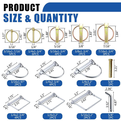 365 Piece Trailer Hitch Pin Kit size chart with pins and quantities for PTO, farm towing, lawn mowers, snow plows, zinc plated steel