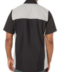 Back view of Top Shelf Mens Motorsport Button Down Shirt Short Sleeve Silver And Black with dual hex pockets.