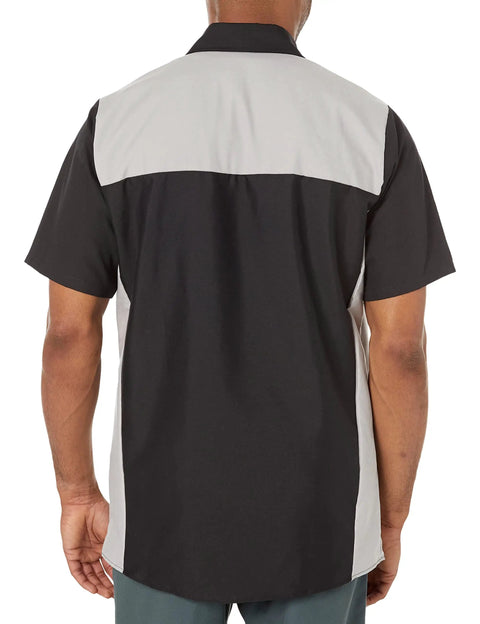 Back view of Top Shelf Mens Motorsport Button Down Shirt Short Sleeve Silver And Black with dual hex pockets.
