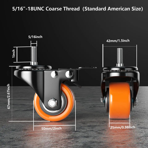 Heavy Duty Two Inch Caster Wheels With Five Sixteen Eighteen By One Threaded Stem Set Of Four Dual Locking Brake Replacement Casters showing measurements and design.