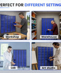 Heavy-Duty Alloy Steel Tool Storage Cabinet With 100 Drawers And Dividers, Nut And Bolt Organizer in workshop, warehouse, lab, and art studio settings.