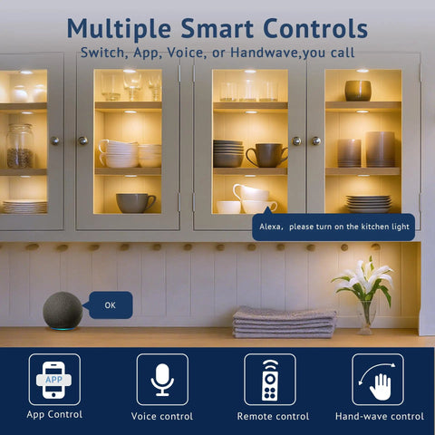Smart Under Cabinet Puck Lights 4 Pack With App Control Voice Assistant Motion Sensor in kitchen cabinets