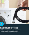 Person holding 6 Foot Black Rubber Washing Machine Hose With 3/4 Inch FHT Ends, Flexible Universal Supply Line attached to washer