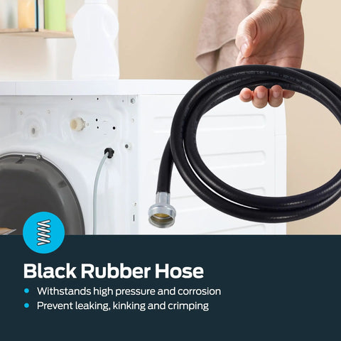 Person holding 6 Foot Black Rubber Washing Machine Hose With 3/4 Inch FHT Ends, Flexible Universal Supply Line attached to washer