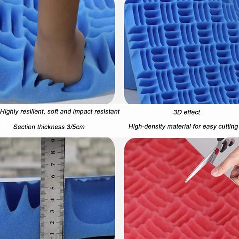 Easily Muffle Room Chatter And Kick Extra Echoes To The Curb With These Rock Solid Self Adhesive Acoustic Foam Panels Yellow Professional Grade Soundproof Roll showing hands pressing and measuring blue foam.