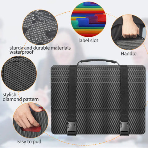 Slick Grab And Go Accordion File Organizer With Hella Spacious Pockets For Letter Size Paperwork Heavy Duty Expandable Document Holder design features textured material, handle, and adjustable straps.