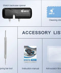 Accessory list for DIY Friendly Watch Back Opener Kit With Adjustable Wrench Rotary Case Opener including tools and cleaning cloth.