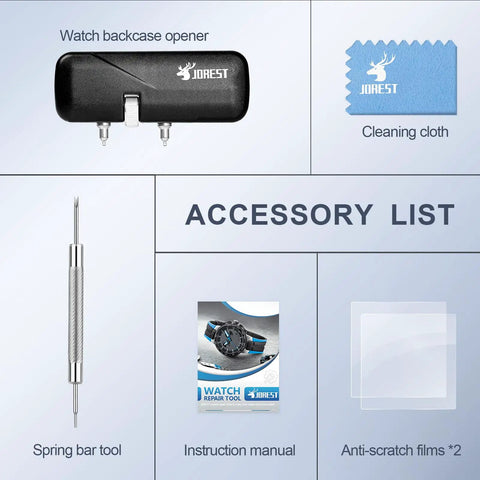 Accessory list for DIY Friendly Watch Back Opener Kit With Adjustable Wrench Rotary Case Opener including tools and cleaning cloth.