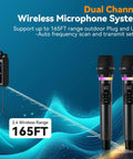 Dual Wireless Karaoke Microphone Set With Rechargeable Receiver, 2.4GHz handheld mics, 165ft range, on blue wave background.
