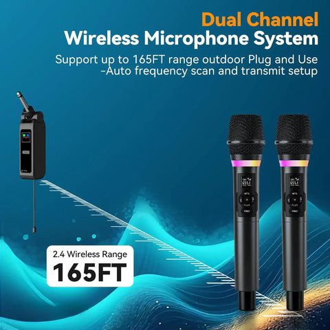 Dual Wireless Karaoke Microphone Set With Rechargeable Receiver, 2.4GHz handheld mics, 165ft range, on blue wave background.