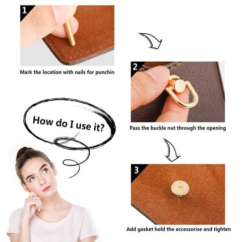Tutorial on using 12 Pieces D Ring Stud Screws With Ball Head Buttons For Purses And Leather DIY Projects, steps for installation.