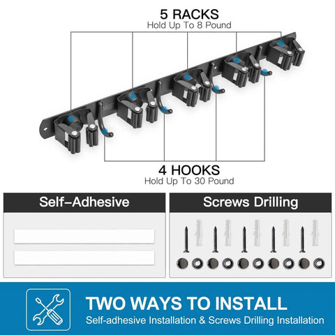 Heavy Duty Broom Holder Wall Mount For Garage And Laundry Room Stainless Steel Mop Organizer With Five Racks And Four Hooks