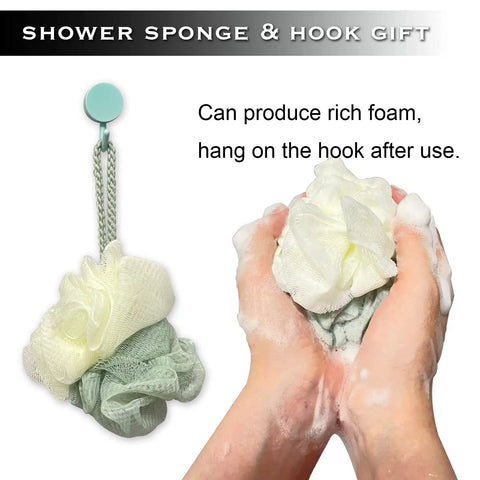 Person using a shower sponge producing foam, showing a hook for hanging, not related to Ultra Secure Shower Grab Bar With Strong Suction Cups.
