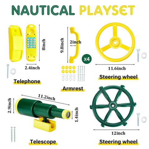 Pirate Ship Playground Accessories Set With Ship Wheels Telescopes And Safety Handles For Outdoor Playhouses And Treehouses Kid Friendly Backyard Adventure Toy Phone Included showing parts layout