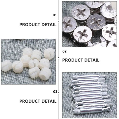 24 Piece Cam Lock Fittings Set for Furniture Connectors including bolts and dowels, rust resistant iron and nylon components