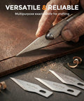 Close-up of 120 Piece Hobby Blades Set SK5 High Carbon Steel No 11 Blades With Sturdy Storage Case, cutting wood.