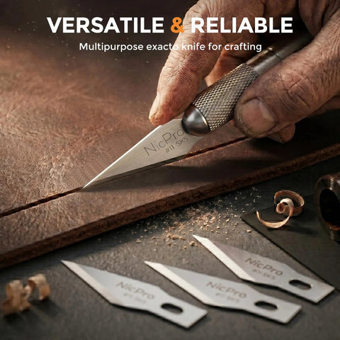 Close-up of 120 Piece Hobby Blades Set SK5 High Carbon Steel No 11 Blades With Sturdy Storage Case, cutting wood.