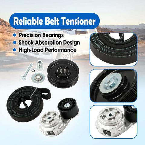 Premium Drive Belt Tensioner Kit For Dodge Ram 2500 3500 4500 5500 With 5.9L Or 6.7L L6 Engine Years 2003 Through 2012 Smooth Installation And Durable Build Quality To Keep Your Ride Running Like New. Drive belt, pulley, and mounting hardware shown