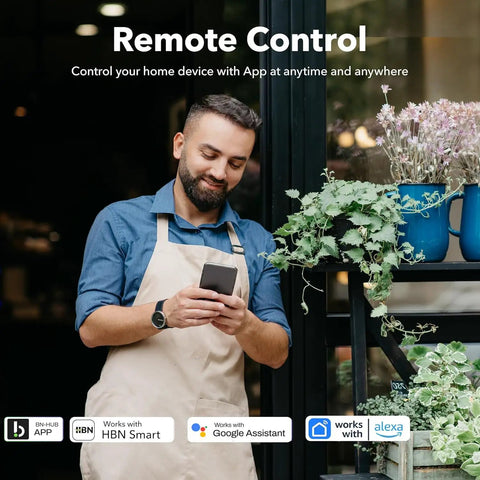 Man using phone outside with Dual Grounded Outlets Outdoor Smart WiFi Plug With Heavy Duty Timer, control via app or voice assistant.