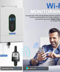 Man using smartphone for Wi-Fi monitoring with 12000W Solar Hybrid Inverter 48V DC To 120V And 240V AC Single Phase Split Phase