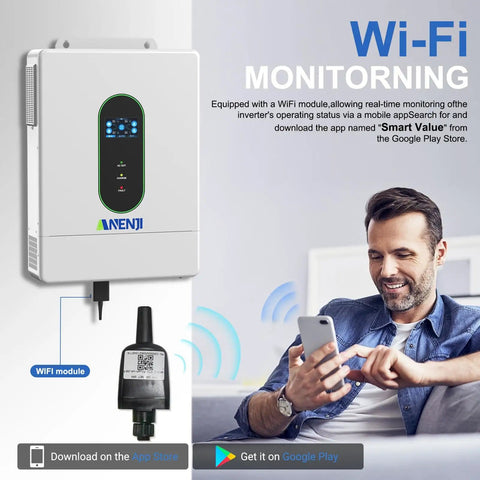 Man using smartphone for Wi-Fi monitoring with 12000W Solar Hybrid Inverter 48V DC To 120V And 240V AC Single Phase Split Phase
