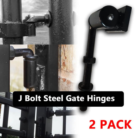 Beefy Heavy-Duty J-Bolt Gate Hinge Pair For Doors And Driveways Weld-On Steel Hinges With Ball Bearing Pivot For Large Iron Or Steel Gates Includes Bolts Nuts Washers 2 Pack, black steel