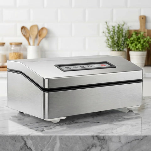 Stainless steel kitchen appliance on marble counter with self adhesive caster wheels for easy mobility.