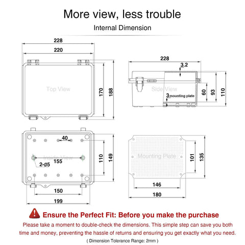 Heavy Duty Outdoor Junction Box Waterproof Electrical Enclosure IP67 with internal dimensions and mounting plate details.