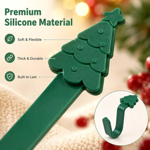 Heavy Duty Christmas Adhesive Wall Hooks For Stockings And Garland Damage Free Clear Sticky Holders With Chill Out Setup For Sweet Grip Mantel Holiday Decoration close-up of premium green silicone hook shaped like a Christmas tree.